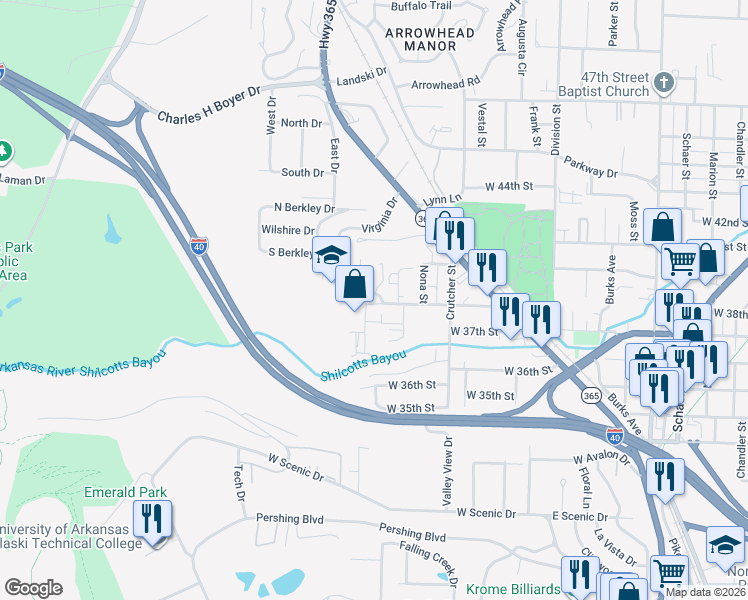 map of restaurants, bars, coffee shops, grocery stores, and more near 2116 West 38th Street in North Little Rock