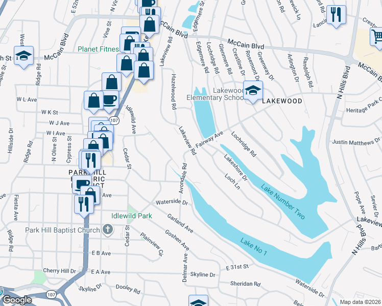 map of restaurants, bars, coffee shops, grocery stores, and more near 3819 Lakeview Road in North Little Rock