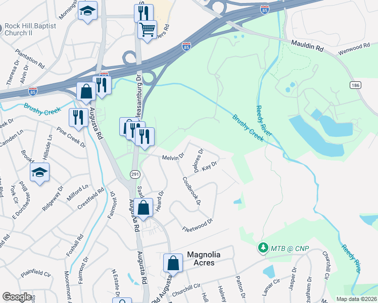 map of restaurants, bars, coffee shops, grocery stores, and more near 18 Melvin Drive in Greenville