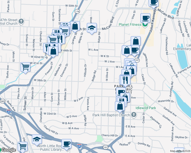 map of restaurants, bars, coffee shops, grocery stores, and more near 3808 Ridge Road in North Little Rock
