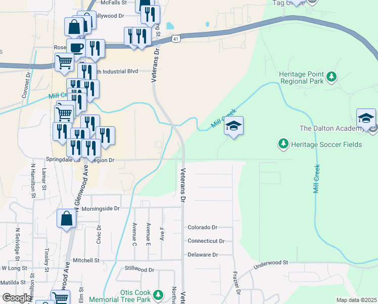 map of restaurants, bars, coffee shops, grocery stores, and more near 1210 Veterans Drive in Dalton
