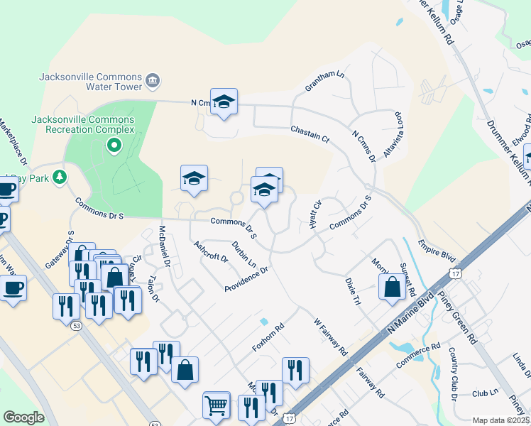 map of restaurants, bars, coffee shops, grocery stores, and more near 359 Commons Drive South in Jacksonville