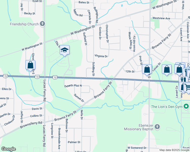 map of restaurants, bars, coffee shops, grocery stores, and more near 607 Schilling Street in Athens