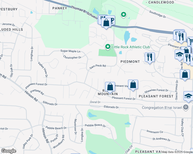 map of restaurants, bars, coffee shops, grocery stores, and more near 16 Marble Court in Little Rock