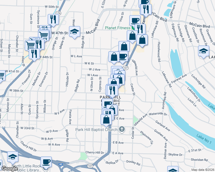 map of restaurants, bars, coffee shops, grocery stores, and more near 3801 John F Kennedy Boulevard in North Little Rock