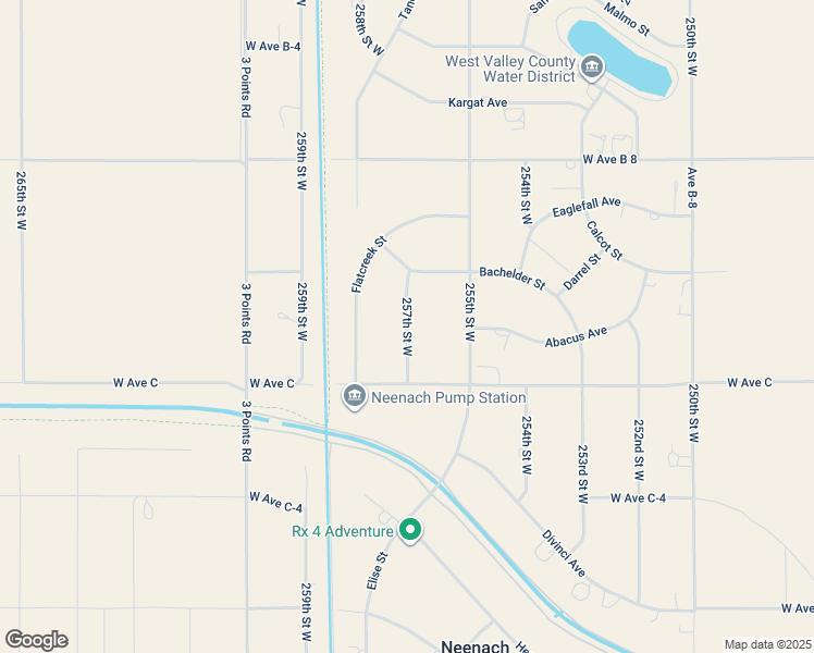 map of restaurants, bars, coffee shops, grocery stores, and more near 257th Street West in Los Angeles County