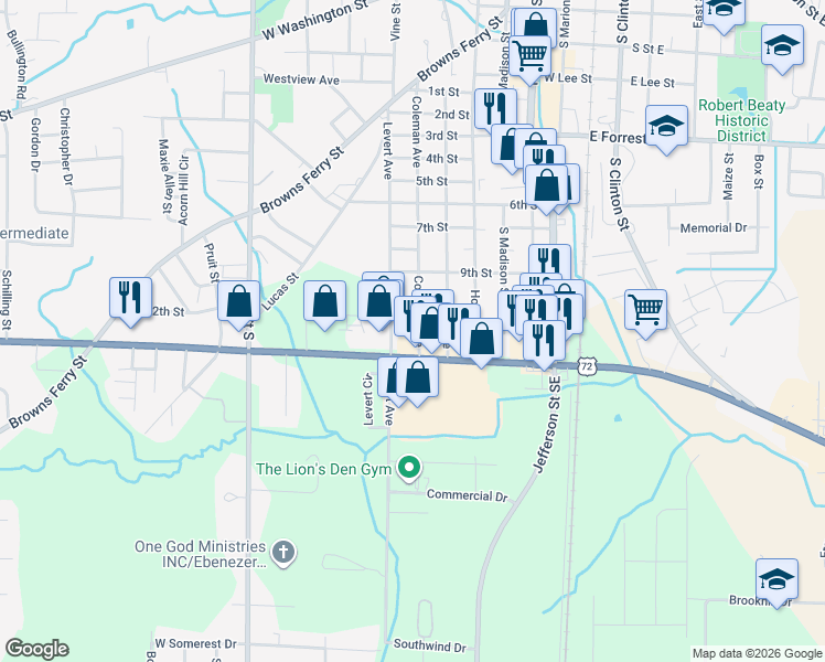 map of restaurants, bars, coffee shops, grocery stores, and more near 1509 Levert Avenue in Athens