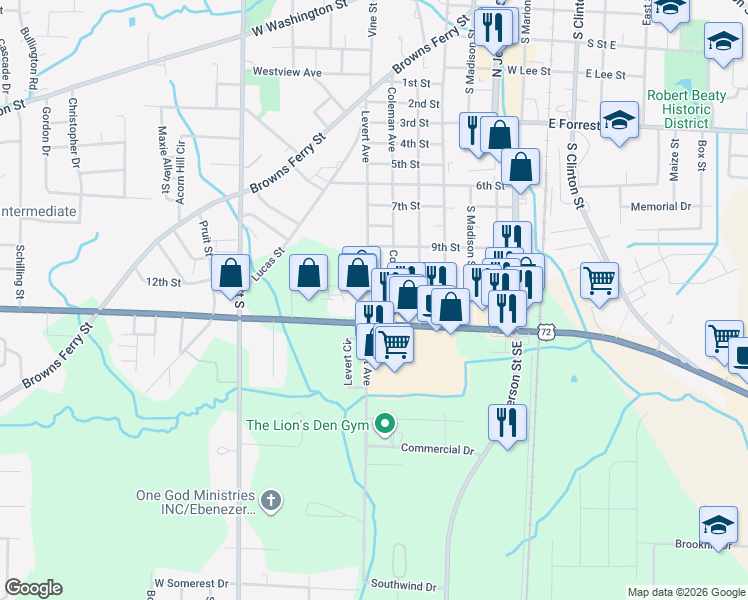 map of restaurants, bars, coffee shops, grocery stores, and more near 1509 Levert Avenue in Athens