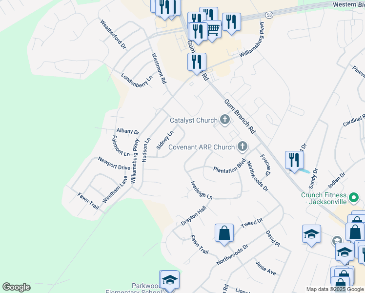 map of restaurants, bars, coffee shops, grocery stores, and more near 317 Richmond Drive in Jacksonville