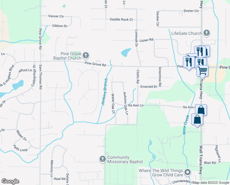 map of restaurants, bars, coffee shops, grocery stores, and more near 118 Water Oak Court in Harvest