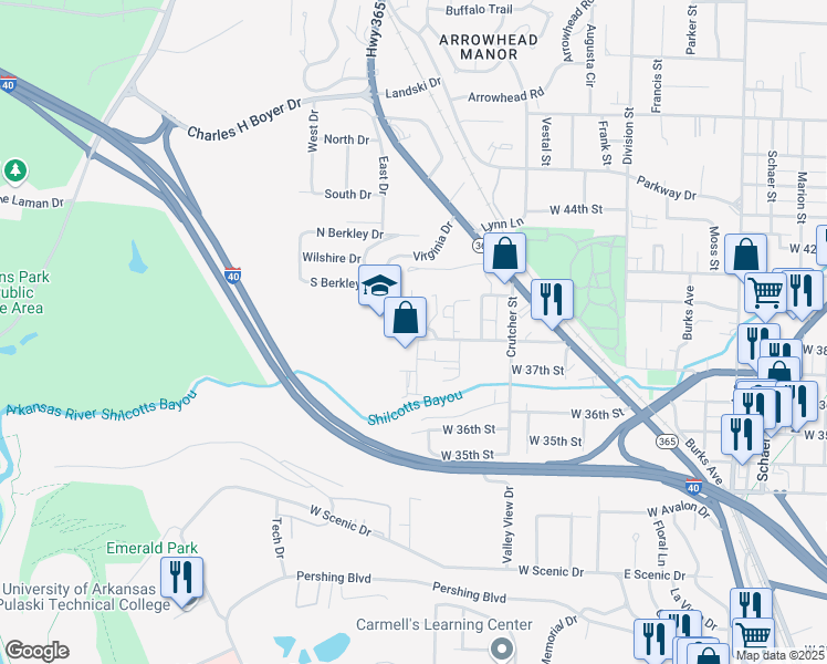 map of restaurants, bars, coffee shops, grocery stores, and more near 2124 West 38th Street in North Little Rock