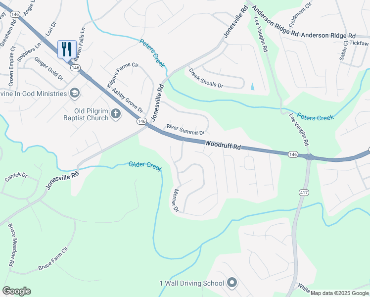 map of restaurants, bars, coffee shops, grocery stores, and more near 5 Twinings Drive in Simpsonville