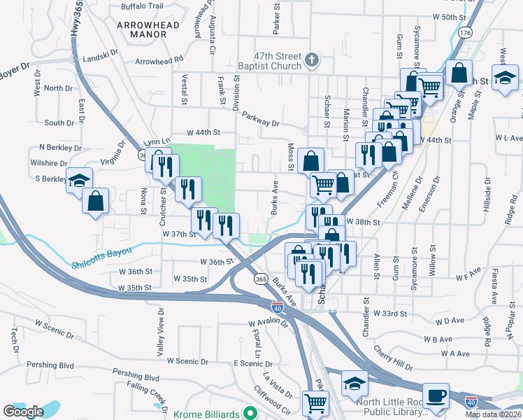 map of restaurants, bars, coffee shops, grocery stores, and more near 3803 Burks Avenue in North Little Rock