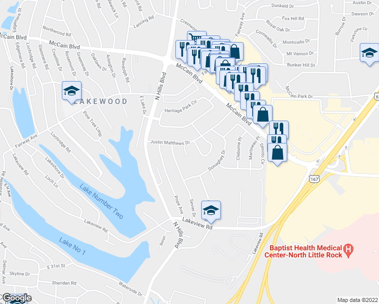 map of restaurants, bars, coffee shops, grocery stores, and more near 3708 Caraway Court in North Little Rock