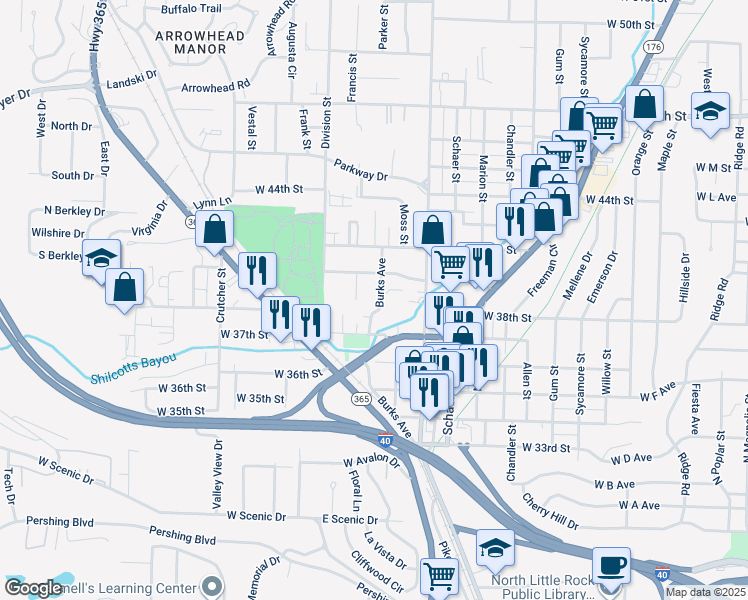 map of restaurants, bars, coffee shops, grocery stores, and more near 3803 Burks Avenue in North Little Rock