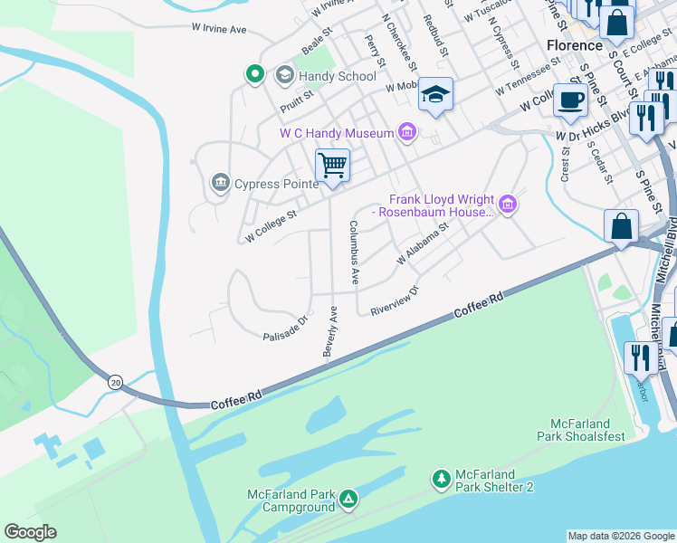 map of restaurants, bars, coffee shops, grocery stores, and more near 345 Beverly Avenue in Florence