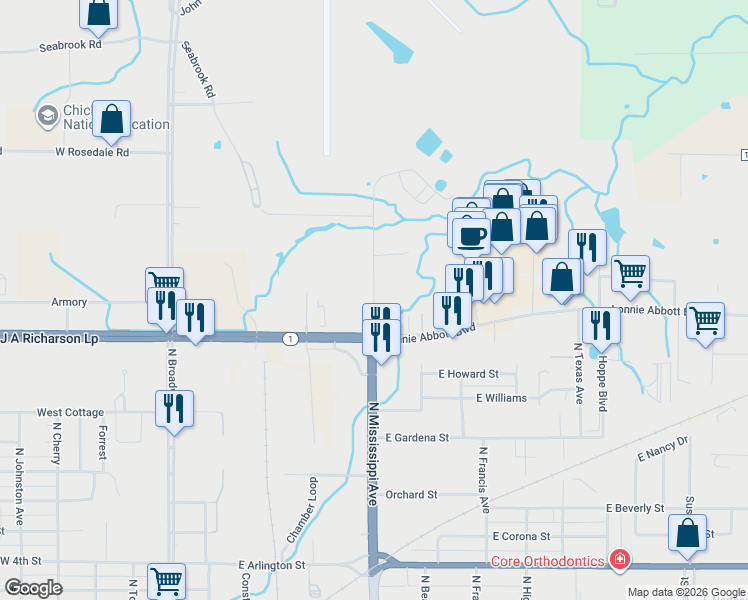 map of restaurants, bars, coffee shops, grocery stores, and more near 1720 North Mississippi Avenue in Ada