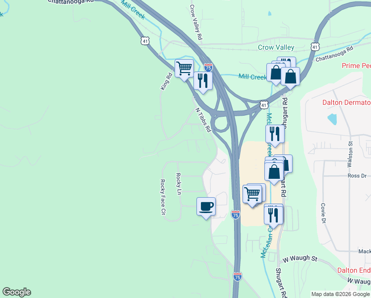 map of restaurants, bars, coffee shops, grocery stores, and more near 2206 Seminole Way in Dalton