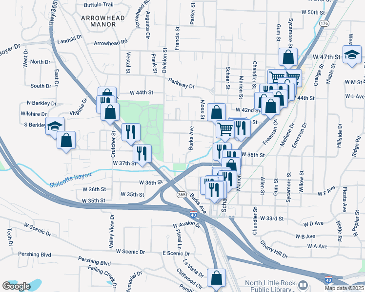 map of restaurants, bars, coffee shops, grocery stores, and more near 3803 Burks Avenue in North Little Rock