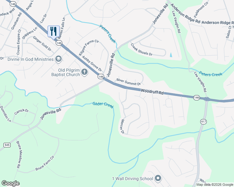map of restaurants, bars, coffee shops, grocery stores, and more near 15 Montreat Lane in Simpsonville