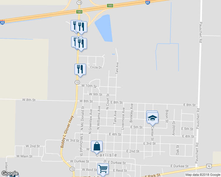 map of restaurants, bars, coffee shops, grocery stores, and more near 109 East 10th Street in Carlisle