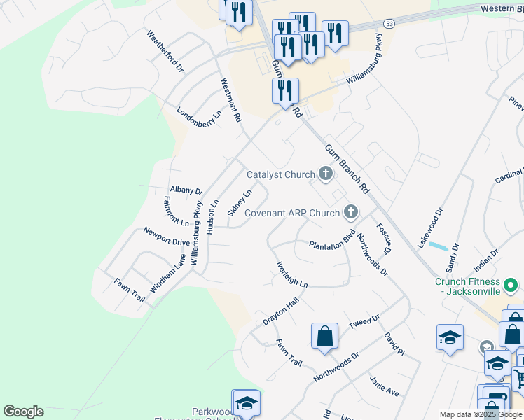 map of restaurants, bars, coffee shops, grocery stores, and more near 317 Richmond Drive in Jacksonville