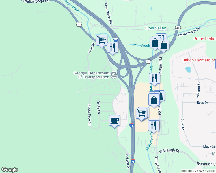 map of restaurants, bars, coffee shops, grocery stores, and more near 2209 Old Ivy Way in Dalton