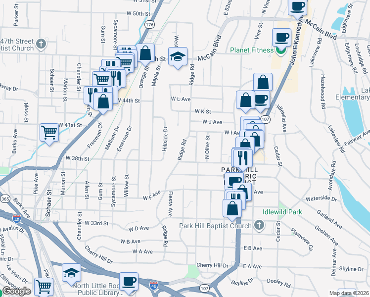 map of restaurants, bars, coffee shops, grocery stores, and more near 3808 Ridge Road in North Little Rock