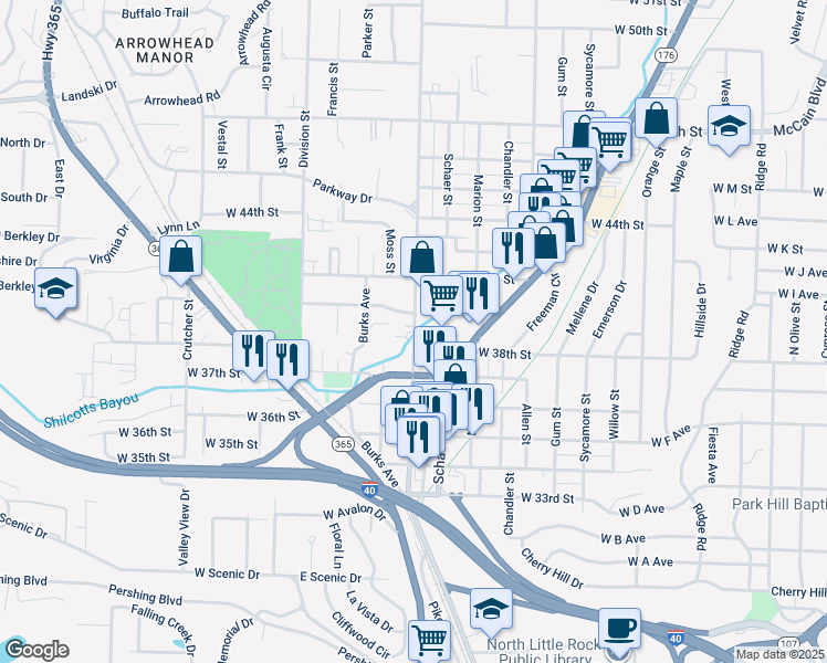 map of restaurants, bars, coffee shops, grocery stores, and more near in North Little Rock