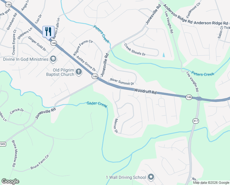 map of restaurants, bars, coffee shops, grocery stores, and more near 15 Montreat Lane in Simpsonville