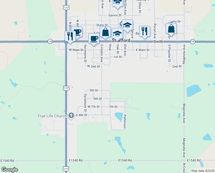 map of restaurants, bars, coffee shops, grocery stores, and more near 120 5th Street in Stratford