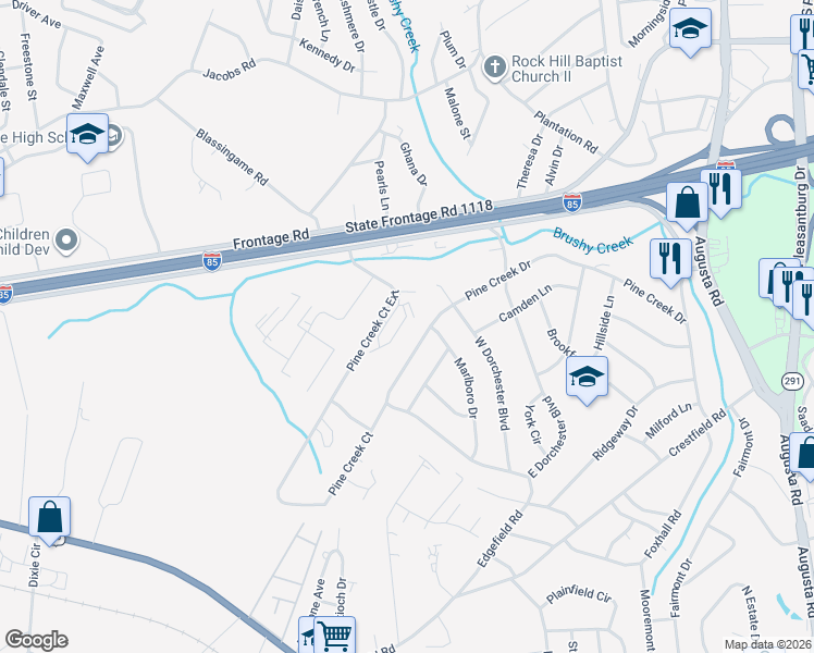 map of restaurants, bars, coffee shops, grocery stores, and more near 200 Pine Creek Court Extension in Greenville