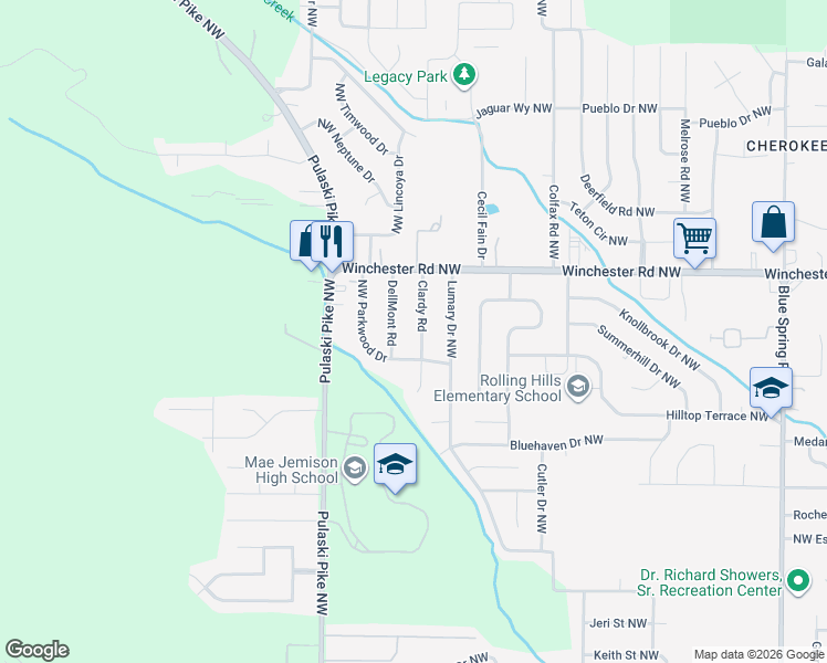 map of restaurants, bars, coffee shops, grocery stores, and more near 5004 Clardy Road in Huntsville