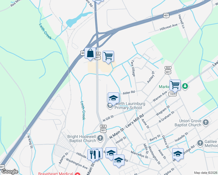 map of restaurants, bars, coffee shops, grocery stores, and more near 904 Glenn Street in Laurinburg