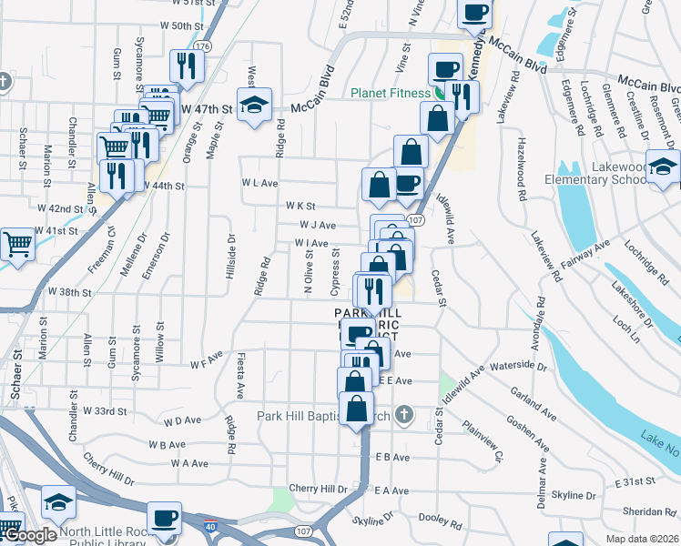map of restaurants, bars, coffee shops, grocery stores, and more near 3811 North Cypress Street in North Little Rock