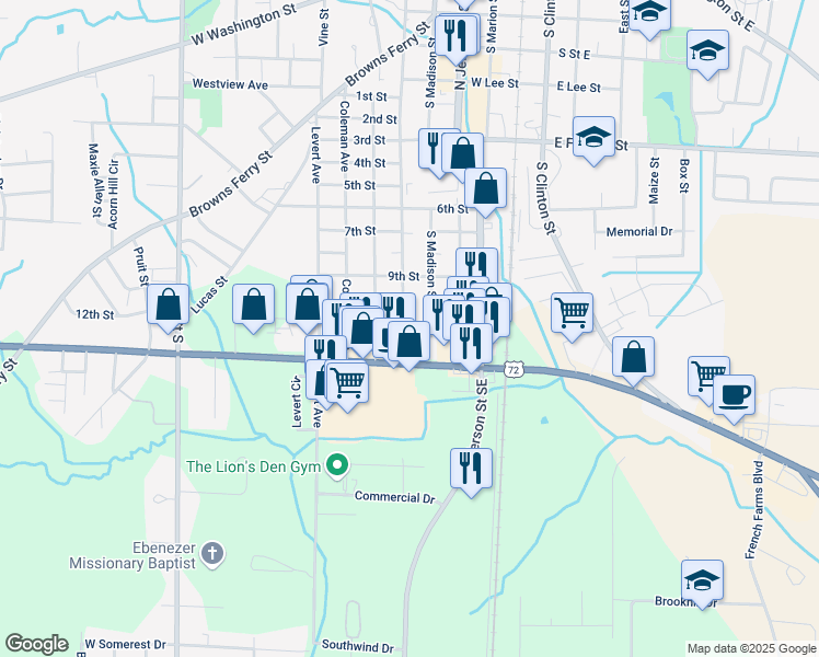 map of restaurants, bars, coffee shops, grocery stores, and more near 1505 South Houston Street in Athens