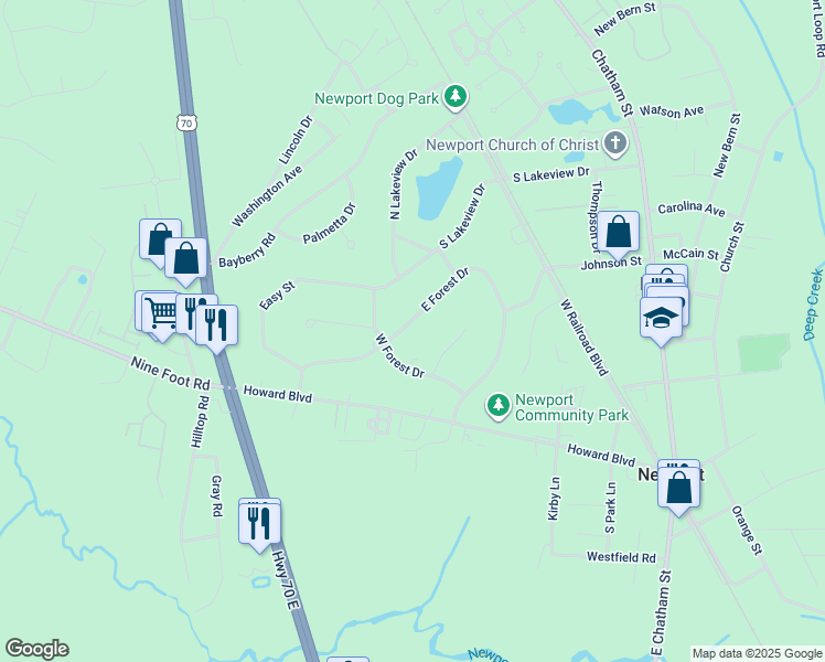 map of restaurants, bars, coffee shops, grocery stores, and more near 2540 East Forest Drive in Newport
