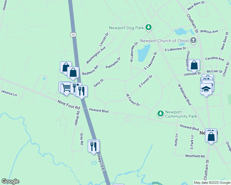 map of restaurants, bars, coffee shops, grocery stores, and more near 2908 Newport Circle in Newport