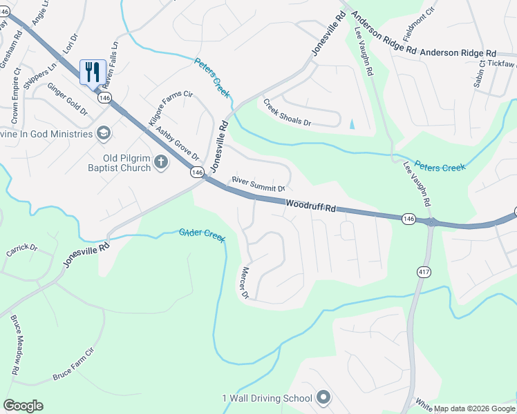 map of restaurants, bars, coffee shops, grocery stores, and more near 5 Twinings Drive in Simpsonville
