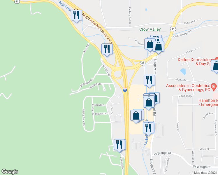 map of restaurants, bars, coffee shops, grocery stores, and more near 2209 Old Ivy Way in Dalton