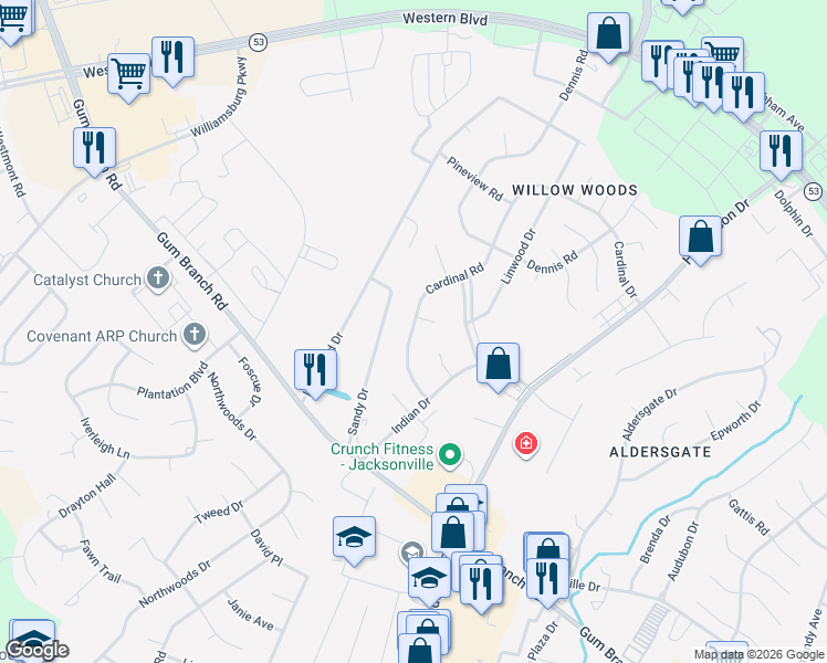 map of restaurants, bars, coffee shops, grocery stores, and more near 118 Cardinal Road in Jacksonville