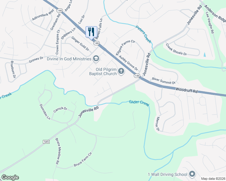 map of restaurants, bars, coffee shops, grocery stores, and more near 4 Woodland Chase Court in Simpsonville
