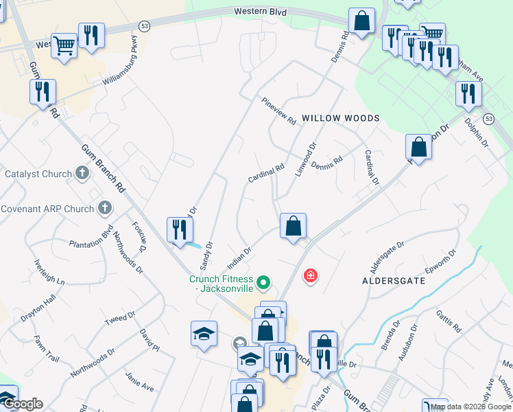 map of restaurants, bars, coffee shops, grocery stores, and more near 118 Cardinal Road in Jacksonville