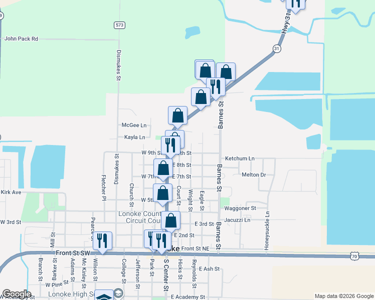 map of restaurants, bars, coffee shops, grocery stores, and more near 120 East 9th Street in Lonoke