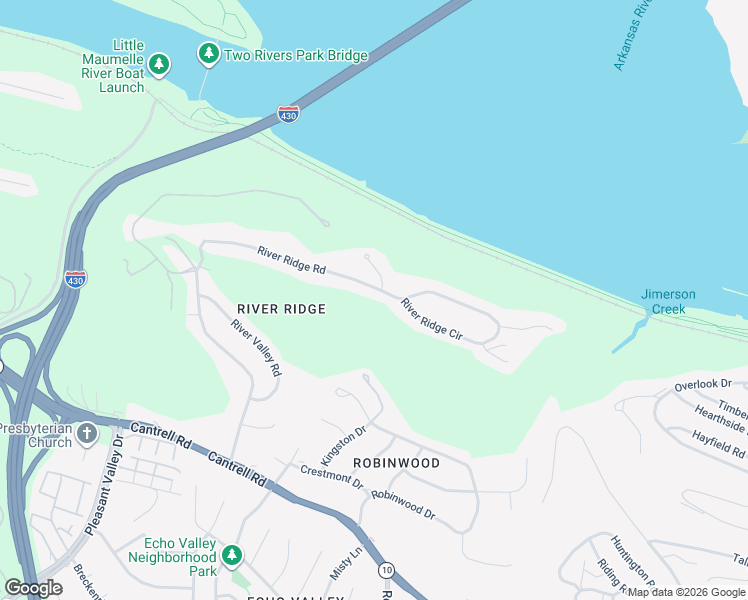 map of restaurants, bars, coffee shops, grocery stores, and more near 65 River Ridge Road in Little Rock