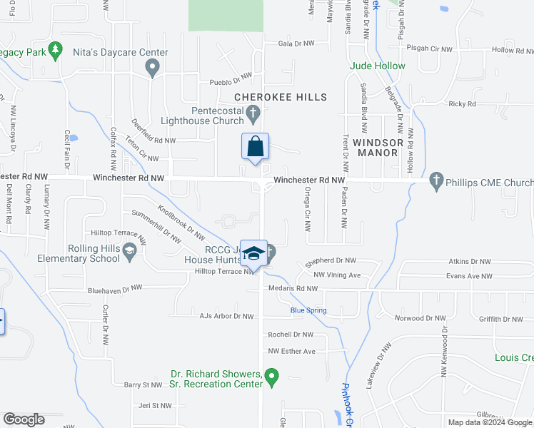 map of restaurants, bars, coffee shops, grocery stores, and more near 5014 Blue Spring Road Northwest in Huntsville