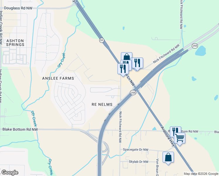 map of restaurants, bars, coffee shops, grocery stores, and more near 710 Nick Fitcheard Road Northwest in Huntsville