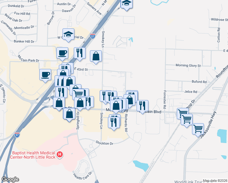 map of restaurants, bars, coffee shops, grocery stores, and more near 220 Smokey Lane in North Little Rock
