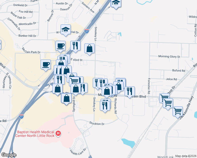 map of restaurants, bars, coffee shops, grocery stores, and more near 220 Smokey Lane in North Little Rock