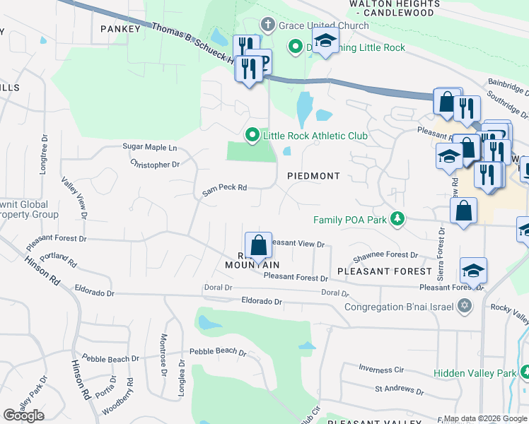 map of restaurants, bars, coffee shops, grocery stores, and more near 8 Piedmont Circle in Little Rock